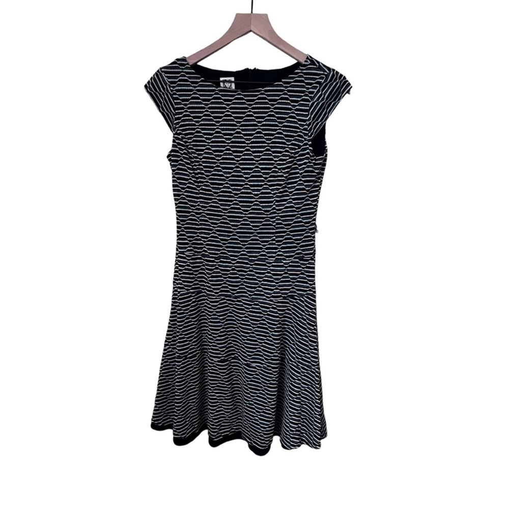 Anne Klein Black, White, Gray Short Cap Sleeve Striped Dress Size 6 Career